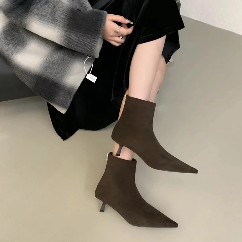SUOJIALUN 2024 Winter New Brand Women Short Boots Fashion Pointed Toe Ladies Elegant Ankle Boots Thin High Heel Dress Pumps Shoe Pi-Mart