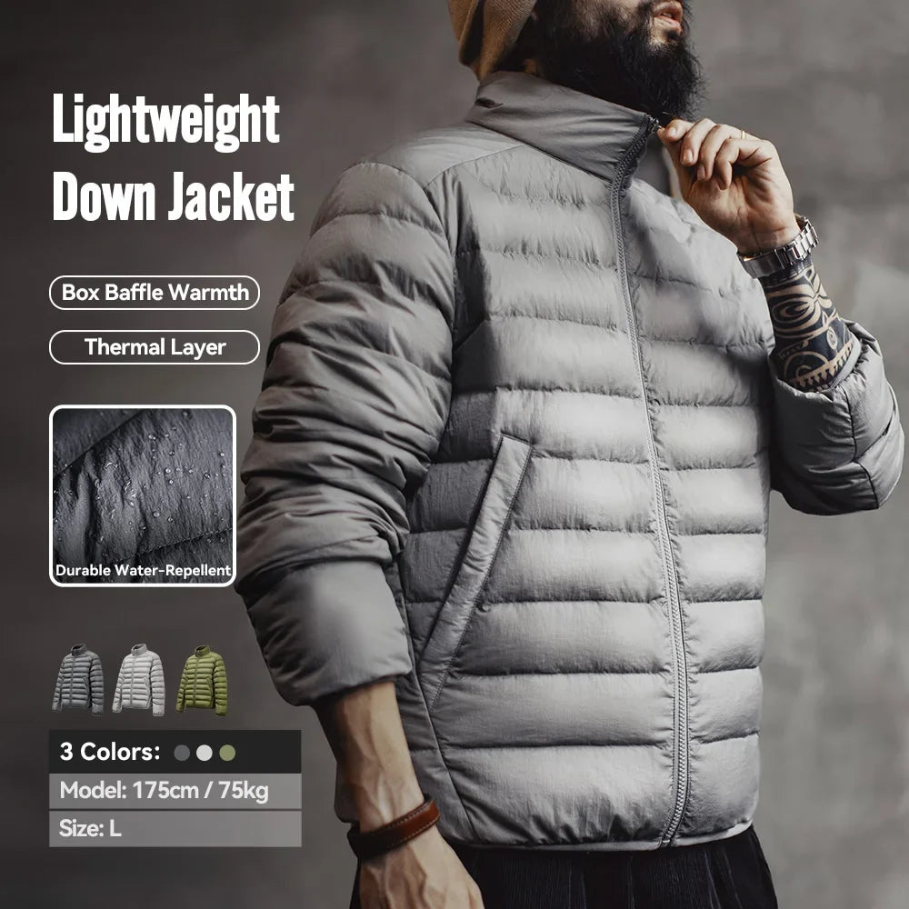 Maden Winter Men's Stand-up Collar Down Jacket Lightweight Hydrophobic White Duck Down Filling Coat Warm Inner Layer for Fall LadyShow.Store
