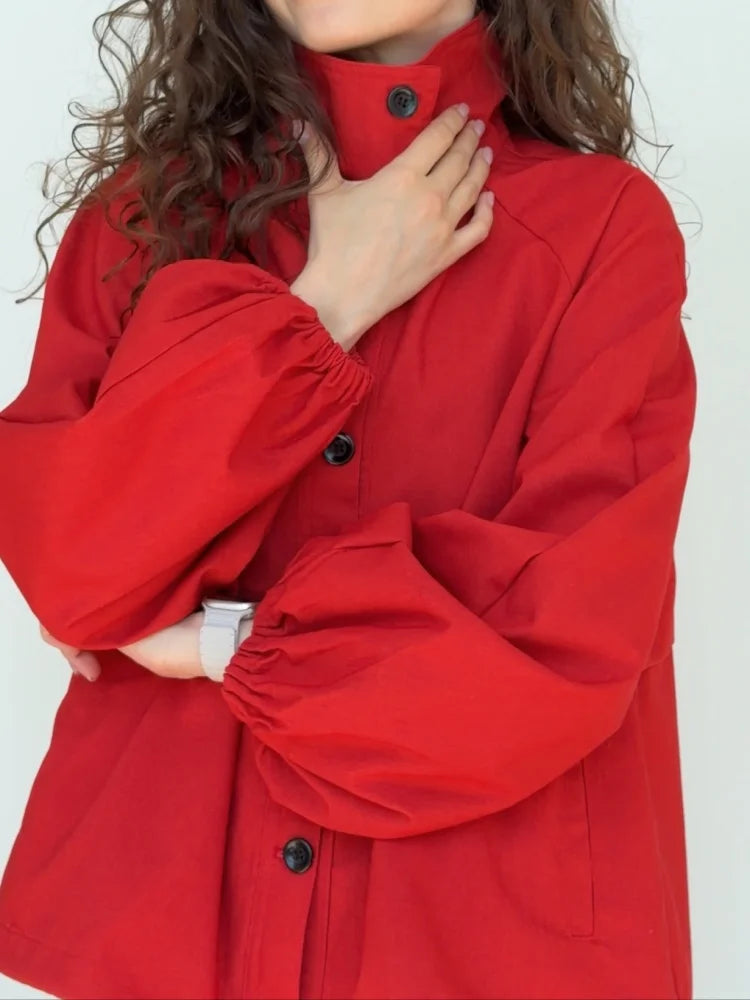AACHOAE Women High Neck Lightweight Jacket Casual Long Sleeve Windbreaker Coat Drawstring Hem Button Front Short Outerwear Pi-Mart