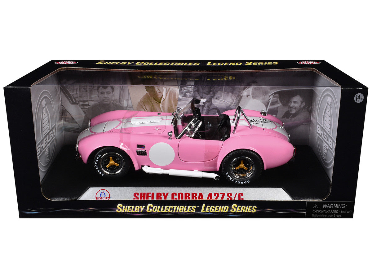 1965 Shelby Cobra 427 S/C Pink with White Stripes with Printed Carroll Shelby Signature's on the Trunk 1/18 Diecast Model Car by Shelby Collectibles LuxuryLifeWay Online Store