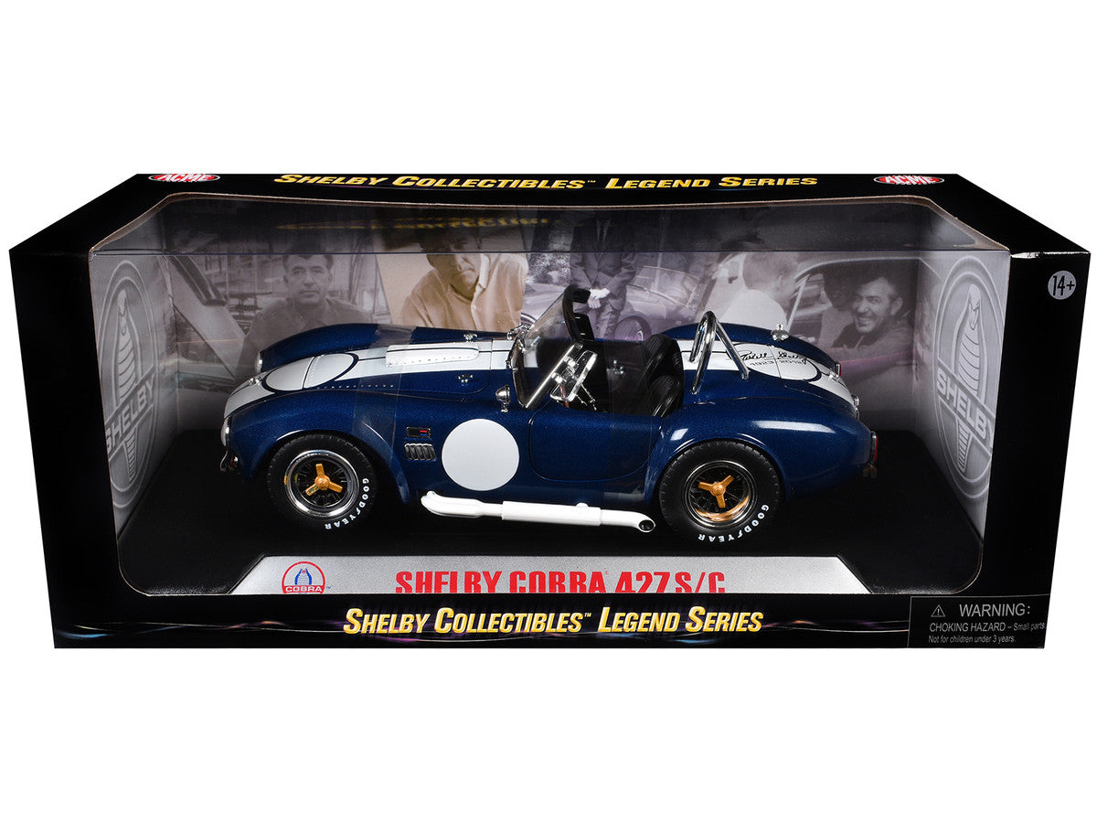 1965 Shelby Cobra 427 S/C Dark Blue Metallic with White Stripes with Printed Carroll Shelby's Signature on the Trunk 1/18 Diecast Model Car by Shelby Collectibles LuxuryLifeWay Online Store