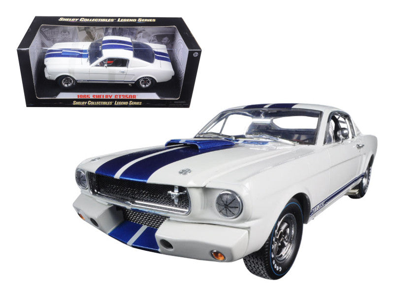 1965 Ford Mustang Shelby GT350R White with Blue Stripes and Printed Carroll Shelby's Signature on the Roof 1/18 Diecast Model Car by Shelby Collectibles LuxuryLifeWay Online Store