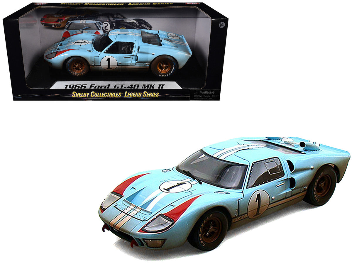 1966 Ford GT-40 MK II #1 Light Blue Miles - Hulme Le Mans (Dirty Version) 1/18 Diecast Model Car by Shelby Collectibles LuxuryLifeWay Online Store