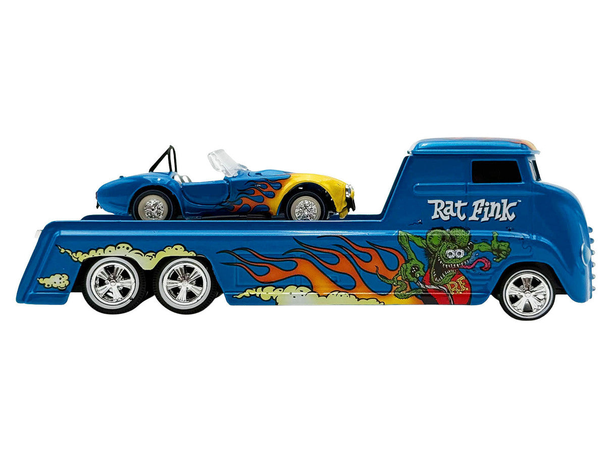 Shelby Cobra Super Snake Blue Metallic with Flames and Custom "Rat Fink" Hauler Blue Metallic with Flames and Graphics 1/64 Diecast Model Cars by ACME LuxuryLifeWay Online Store