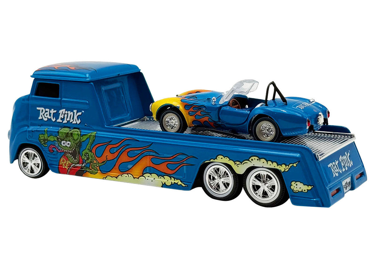 Shelby Cobra Super Snake Blue Metallic with Flames and Custom "Rat Fink" Hauler Blue Metallic with Flames and Graphics 1/64 Diecast Model Cars by ACME LuxuryLifeWay Online Store