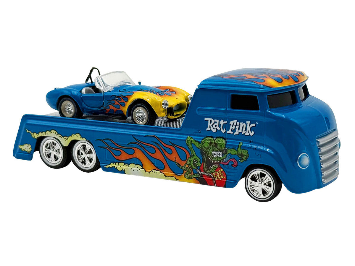 Shelby Cobra Super Snake Blue Metallic with Flames and Custom "Rat Fink" Hauler Blue Metallic with Flames and Graphics 1/64 Diecast Model Cars by ACME LuxuryLifeWay Online Store