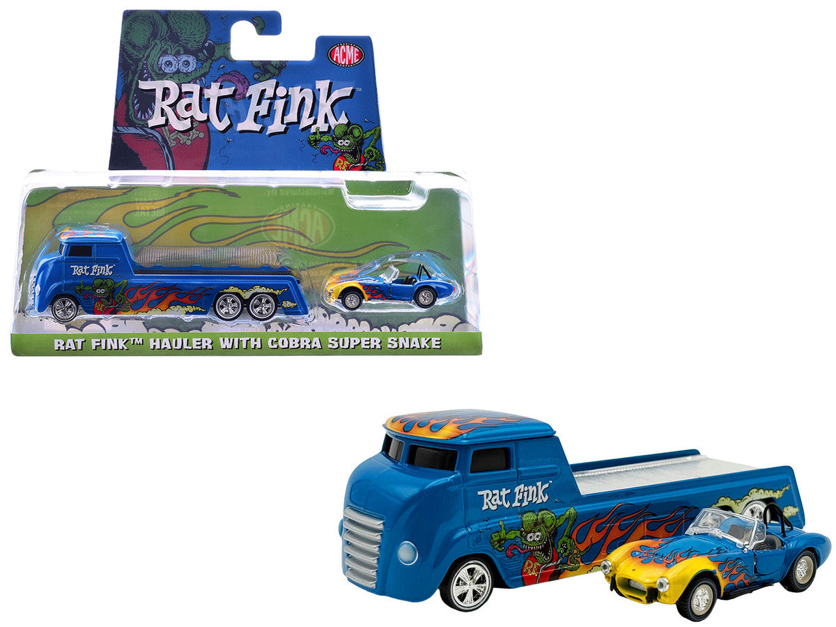 Shelby Cobra Super Snake Blue Metallic with Flames and Custom "Rat Fink" Hauler Blue Metallic with Flames and Graphics 1/64 Diecast Model Cars by ACME LuxuryLifeWay Online Store