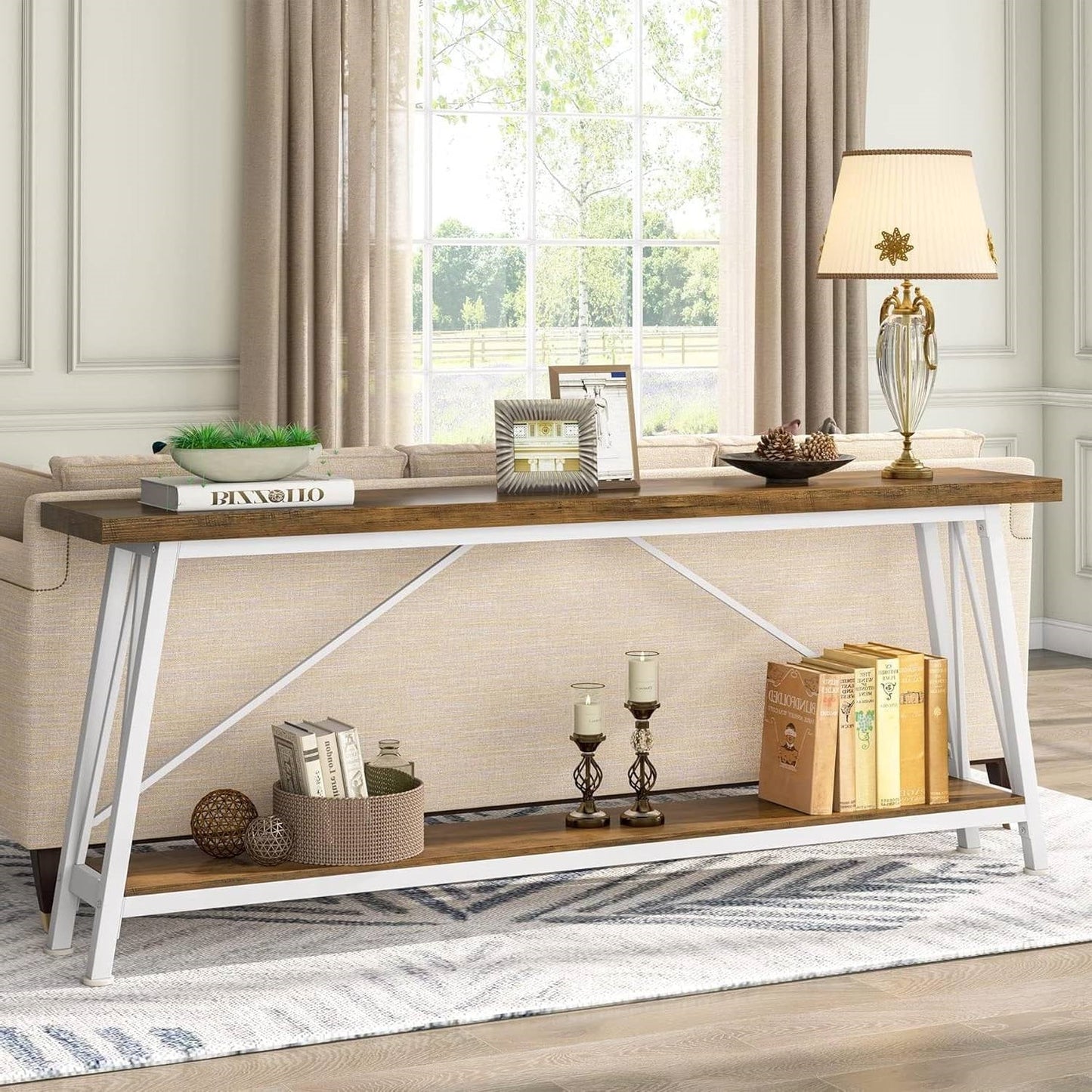 Heavy Duty 70-inch Industrial Brown Wood Top Sofa Table with White Metal Frame LuxuryLifeWay Online Store