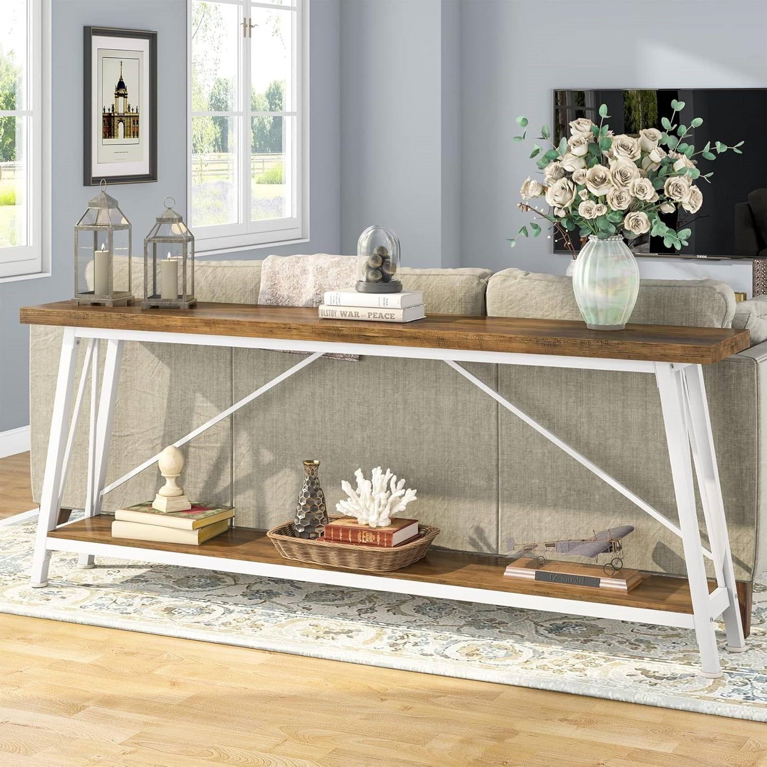 Heavy Duty 70-inch Industrial Brown Wood Top Sofa Table with White Metal Frame LuxuryLifeWay Online Store