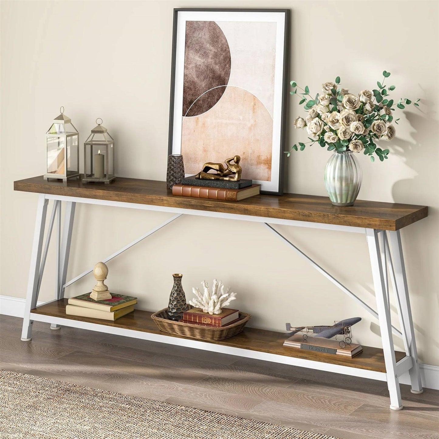 Heavy Duty 70-inch Industrial Brown Wood Top Sofa Table with White Metal Frame LuxuryLifeWay Online Store
