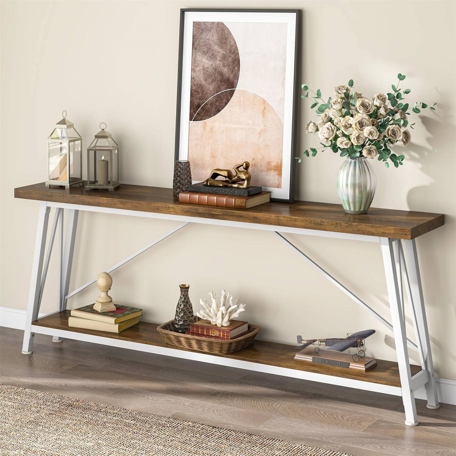 Heavy Duty 70-inch Industrial Brown Wood Top Sofa Table with White Metal Frame LuxuryLifeWay Online Store