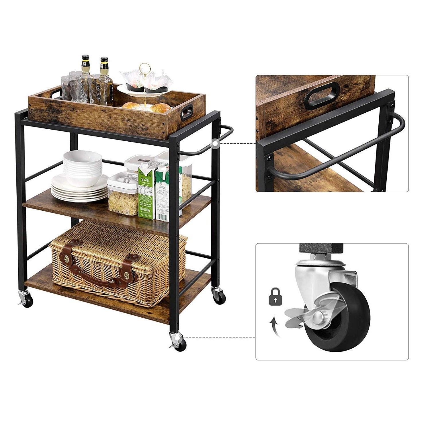 Farmhouse 3-Tier Kitchen Microwave Cart with Serving Tray on Wheels LuxuryLifeWay Online Store