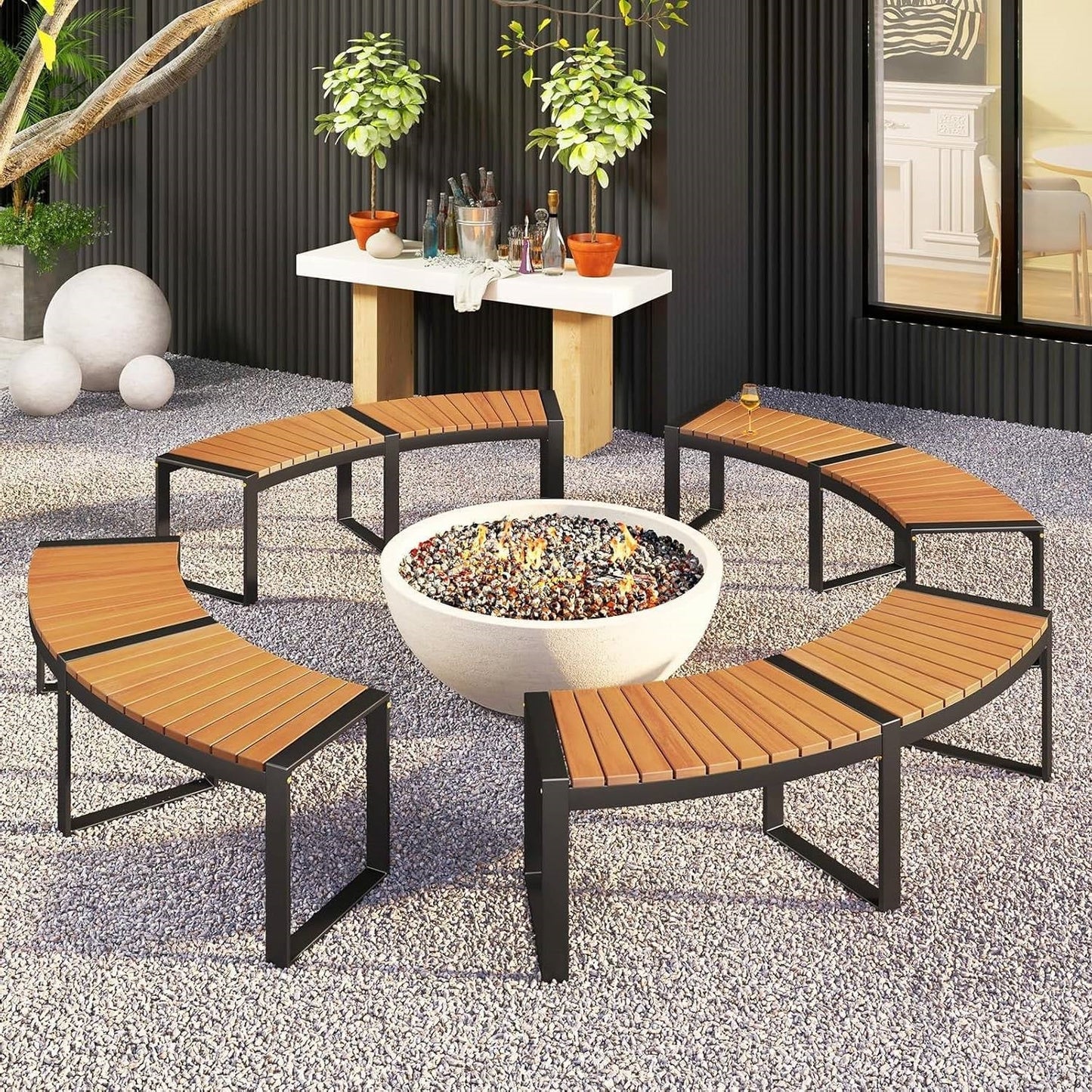 Set of 4 - Round Outdoor Metal Wood Backless Bench - Around Table Tree Fire Pit LuxuryLifeWay Online Store