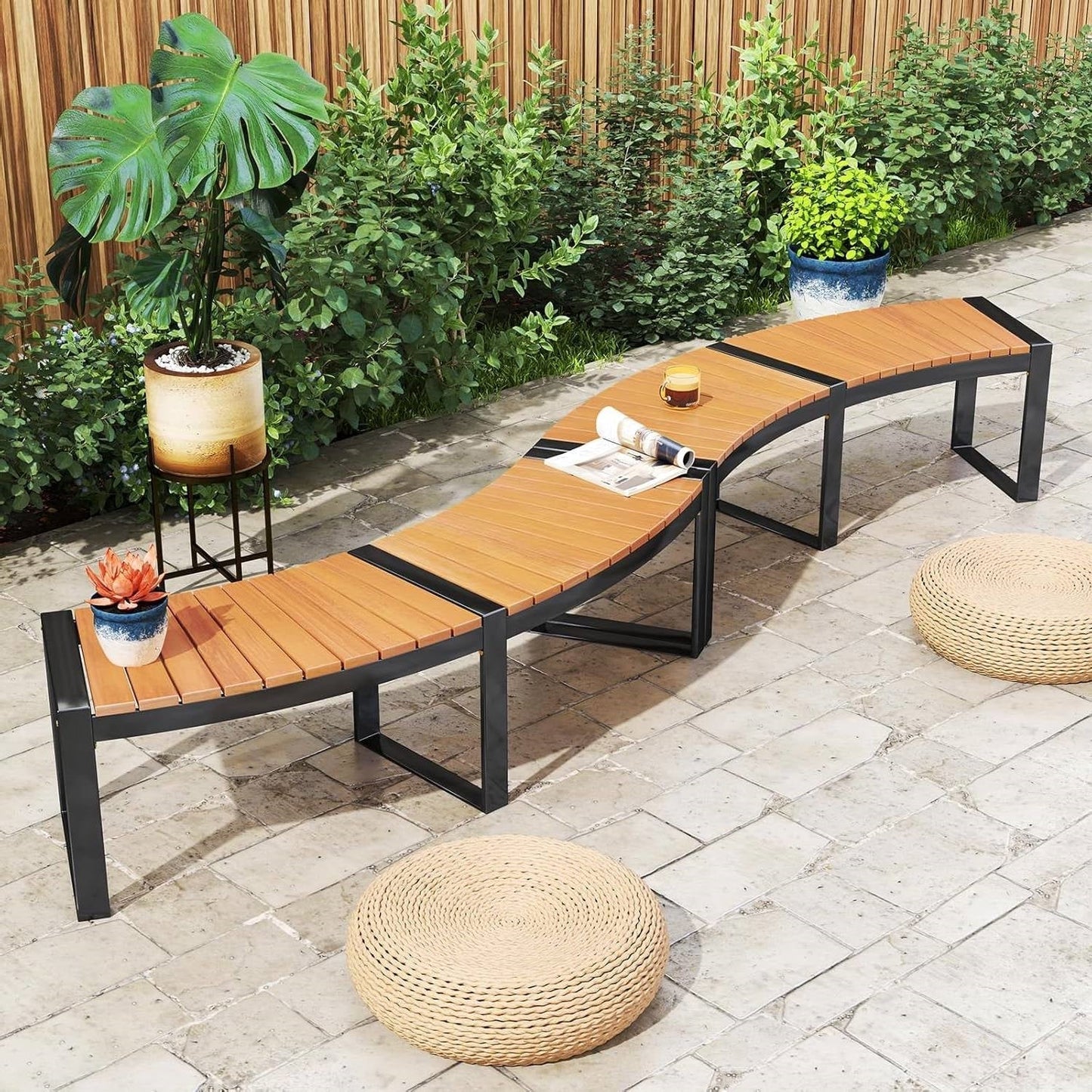 Set of 4 - Round Outdoor Metal Wood Backless Bench - Around Table Tree Fire Pit LuxuryLifeWay Online Store