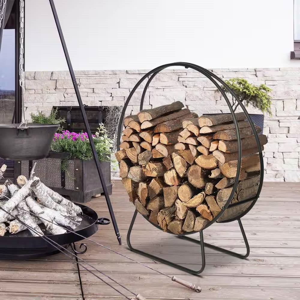 Indoor/Outdoor 2-ft. Round Black Powder-Coated Steel Firewood Log Rack LuxuryLifeWay Online Store