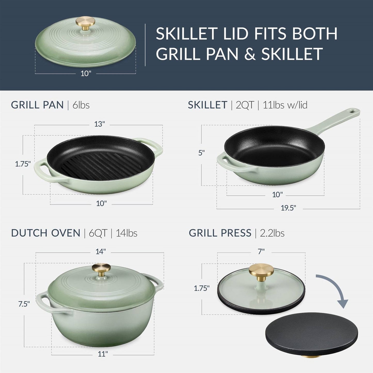 Sage 6-Piece Non-Stick Cast Iron Cookware Set - Skillet Grill Pan Dutch Oven LuxuryLifeWay Online Store