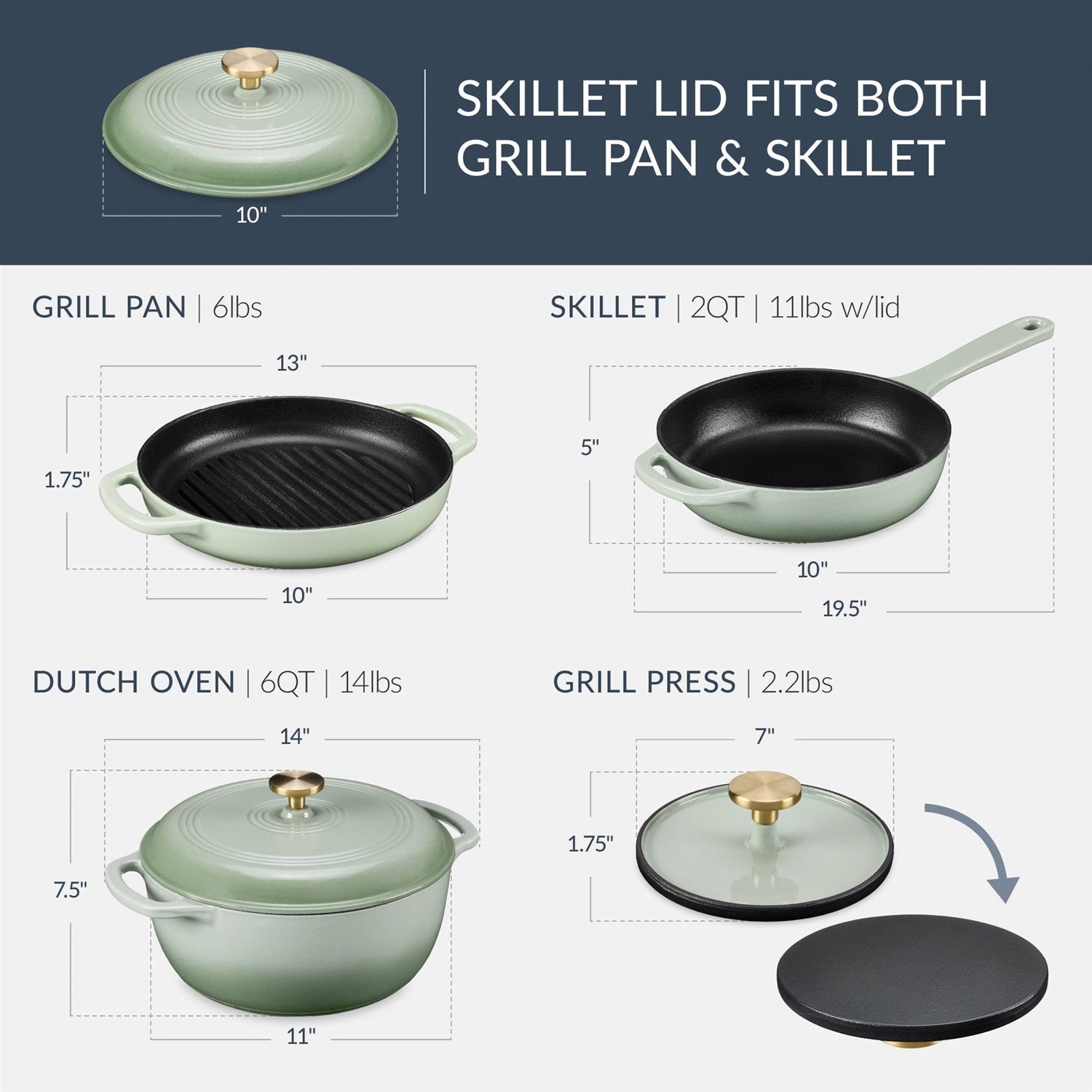 Sage 6-Piece Non-Stick Cast Iron Cookware Set - Skillet Grill Pan Dutch Oven LuxuryLifeWay Online Store