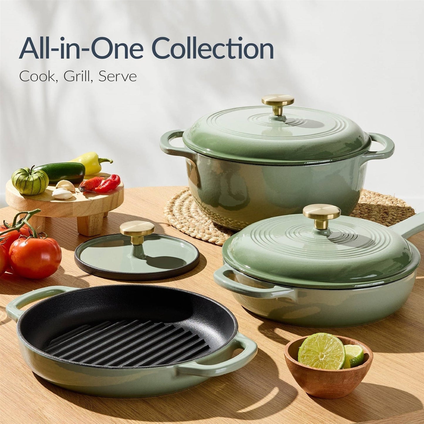 Sage 6-Piece Non-Stick Cast Iron Cookware Set - Skillet Grill Pan Dutch Oven LuxuryLifeWay Online Store