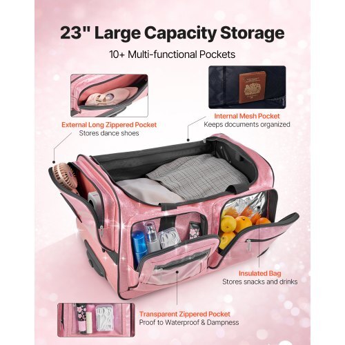 Dance Bag with Garment Rack, 23 Inch Rolling Dance Duffel, with Wheels, USB Port, Height Adjustable Clothes Rack, Privacy Protection Curtain, Ideal for Travel and Competitions, Sparkling Pink LuxuryLifeWay Online Store