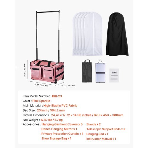 Dance Bag with Garment Rack, 23 Inch Rolling Dance Duffel, with Wheels, USB Port, Height Adjustable Clothes Rack, Privacy Protection Curtain, Ideal for Travel and Competitions, Sparkling Pink LuxuryLifeWay Online Store