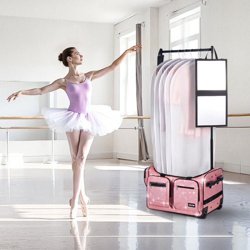 Dance Bag with Garment Rack, 23 Inch Rolling Dance Duffel, with Wheels, USB Port, Height Adjustable Clothes Rack, Privacy Protection Curtain, Ideal for Travel and Competitions, Sparkling Pink LuxuryLifeWay Online Store