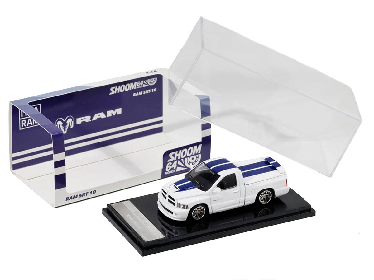 2003 Dodge Ram SRT-10 Pickup Truck White with Blue Stripes 1/64 Diecast Model Car by Shoom64 Models LuxuryLifeWay Online Store