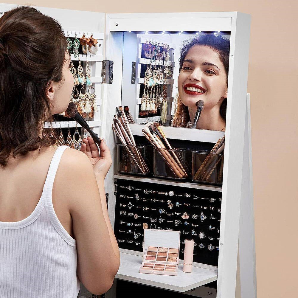 White Jewelry Cabinet Armoire Organizer Freestanding Rotating Mirror LuxuryLifeWay Online Store