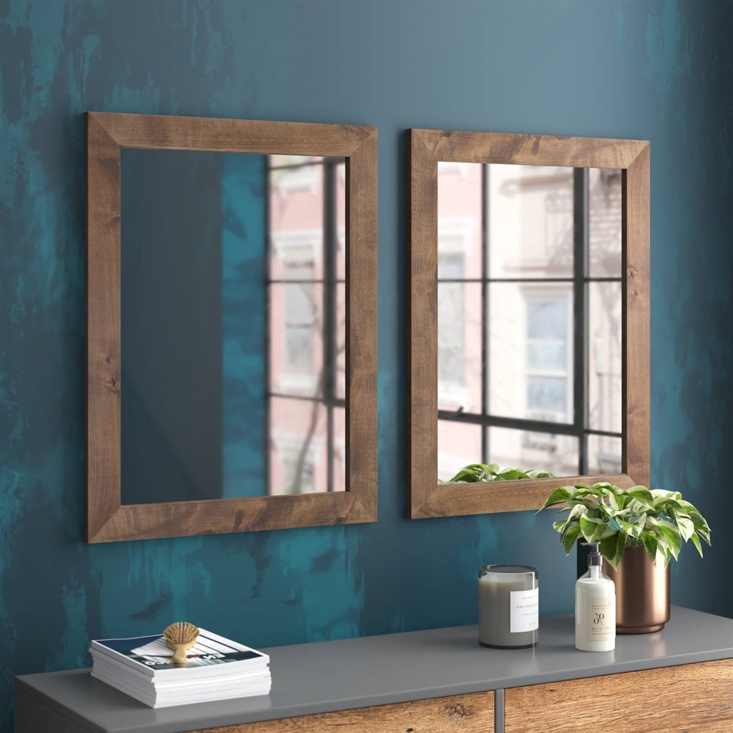 Set of 2 Modern Farmhouse Mirror Set Distressed Brown Wood Frame 31 x 24 inch LuxuryLifeWay Online Store