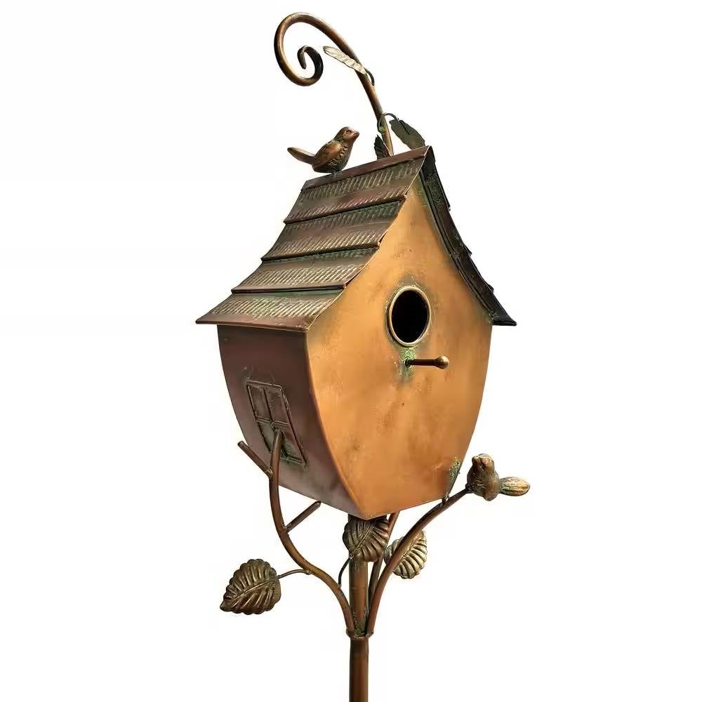 Outdoor Powder Coated Iron Birdhouse with 3-Prong Garden Stake in Copper Finish LuxuryLifeWay Online Store
