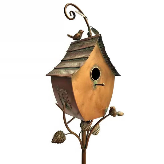 Outdoor Powder Coated Iron Birdhouse with 3-Prong Garden Stake in Copper Finish LuxuryLifeWay Online Store