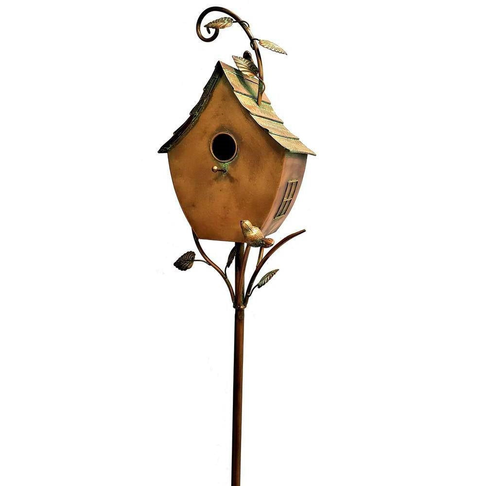 Outdoor Powder Coated Iron Birdhouse with 3-Prong Garden Stake in Copper Finish LuxuryLifeWay Online Store