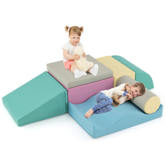 7-Piece Soft Play Equipment with Zippered PU Cover Indoor Foam Climbing Blocks-Blue LuxuryLifeWay Online Store