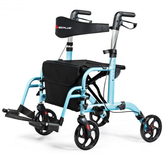 2-in-1 Adjustable Folding Handle Rollator Walker with Storage Space-Blue LuxuryLifeWay Online Store