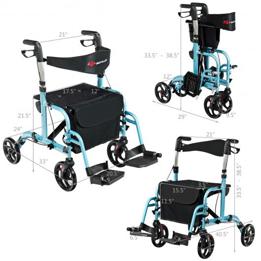 2-in-1 Adjustable Folding Handle Rollator Walker with Storage Space-Blue LuxuryLifeWay Online Store