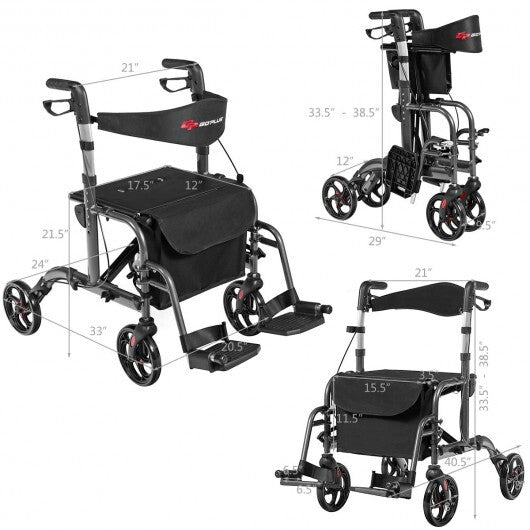 2-in-1 Adjustable Folding Handle Rollator Walker with Storage Space-Blue LuxuryLifeWay Online Store
