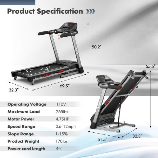 4.75 HP Folding Treadmill with Auto Incline and 20 Preset Programs-Black LuxuryLifeWay Online Store