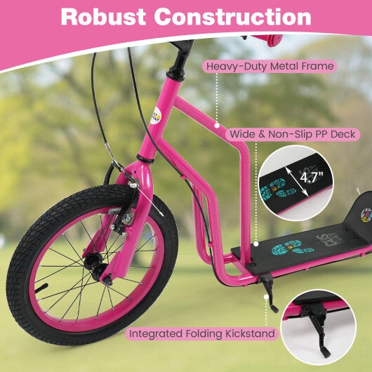Youth Scooter with Adjustable Handlebar and 16/14-Inch Inflatable Wheels for Age 8+ Years Old-Black