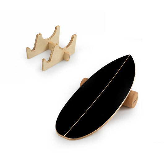 Wooden Balancing Board with Cork Roller and Storage Rack to Exercise-Black