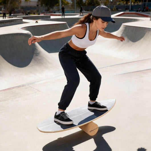 Wooden Balancing Board with Cork Roller and Storage Rack to Exercise-Black