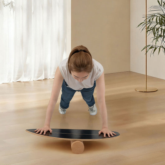 Wooden Balancing Board with Cork Roller and Storage Rack to Exercise-Black