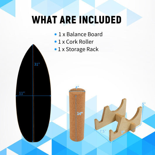 Wooden Balancing Board with Cork Roller and Storage Rack to Exercise-Black