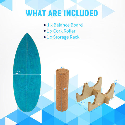 Wooden Balancing Board with Cork Roller and Storage Rack to Exercise-Black