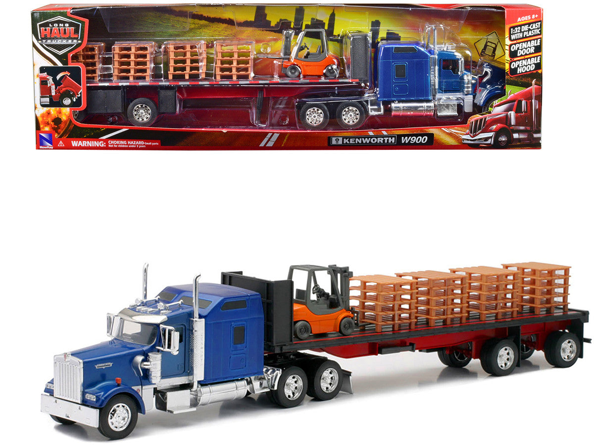 Kenworth W900 Truck with Flatbed Trailer Blue with Forklift and Pallets "Long Haul Truckers" Series 1/32 Diecast Model by New Ray LuxuryLifeWay Online Store