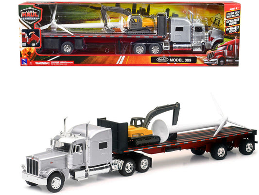 Peterbilt 389 Truck with Flatbed Trailer Silver Metallic with Excavator and Wind Turbine "Long Haul Truckers" Series 1/32 Diecast Model by New Ray LuxuryLifeWay Online Store