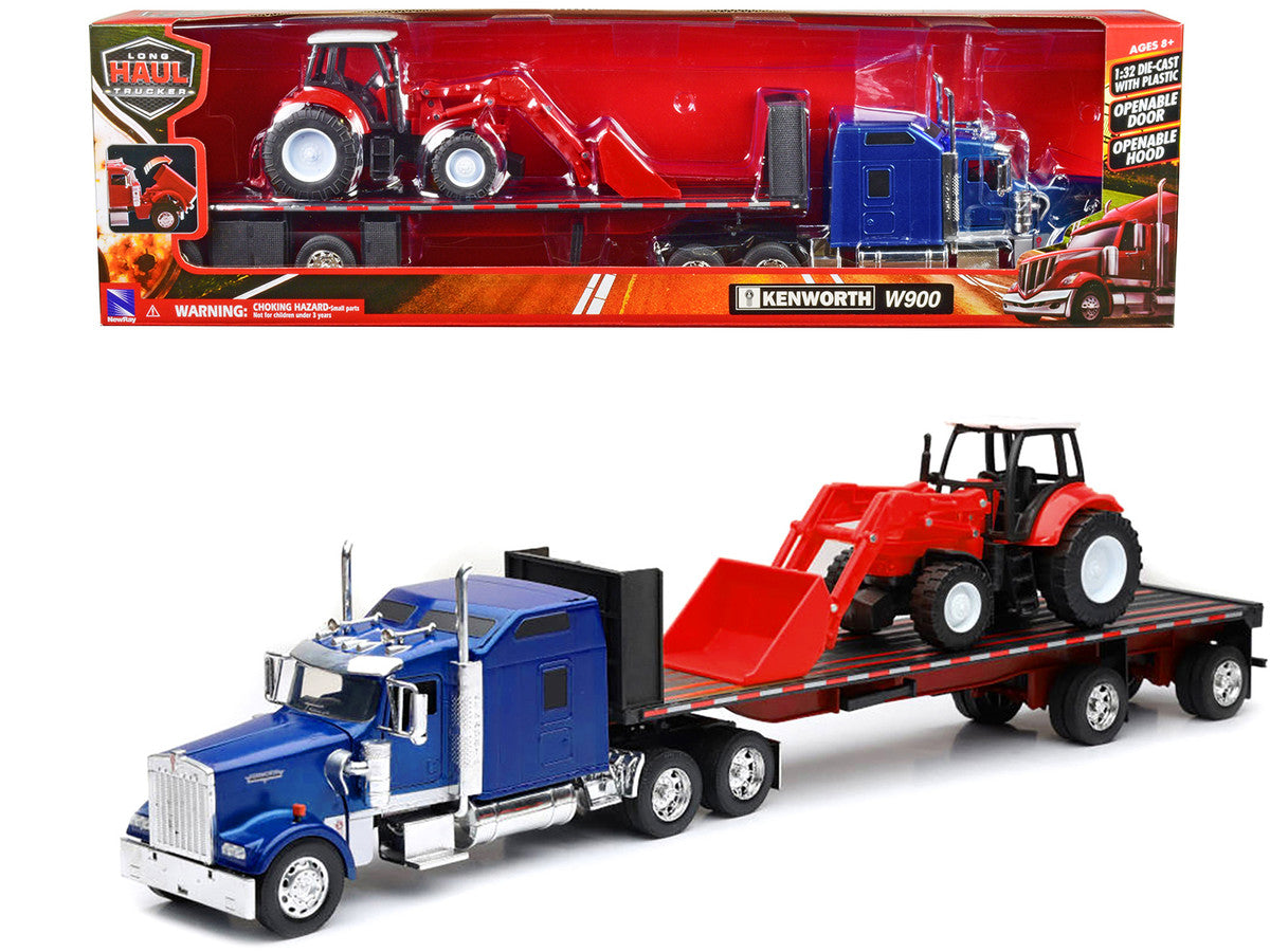 Kenworth W900 Truck with Flatbed Trailer Blue Metallic with Farm Tractor Red "Long Haul Truckers" Series 1/32 Diecast Model by New Ray LuxuryLifeWay Online Store