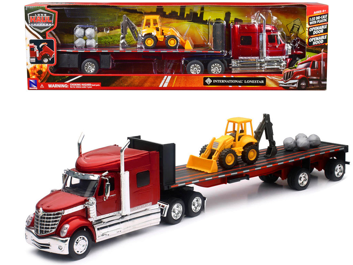 International Lonestar Truck with Flatbed Trailer Red Metallic with Front Loader and Rocks "Long Haul Truckers" Series 1/32 Diecast Model by New Ray LuxuryLifeWay Online Store