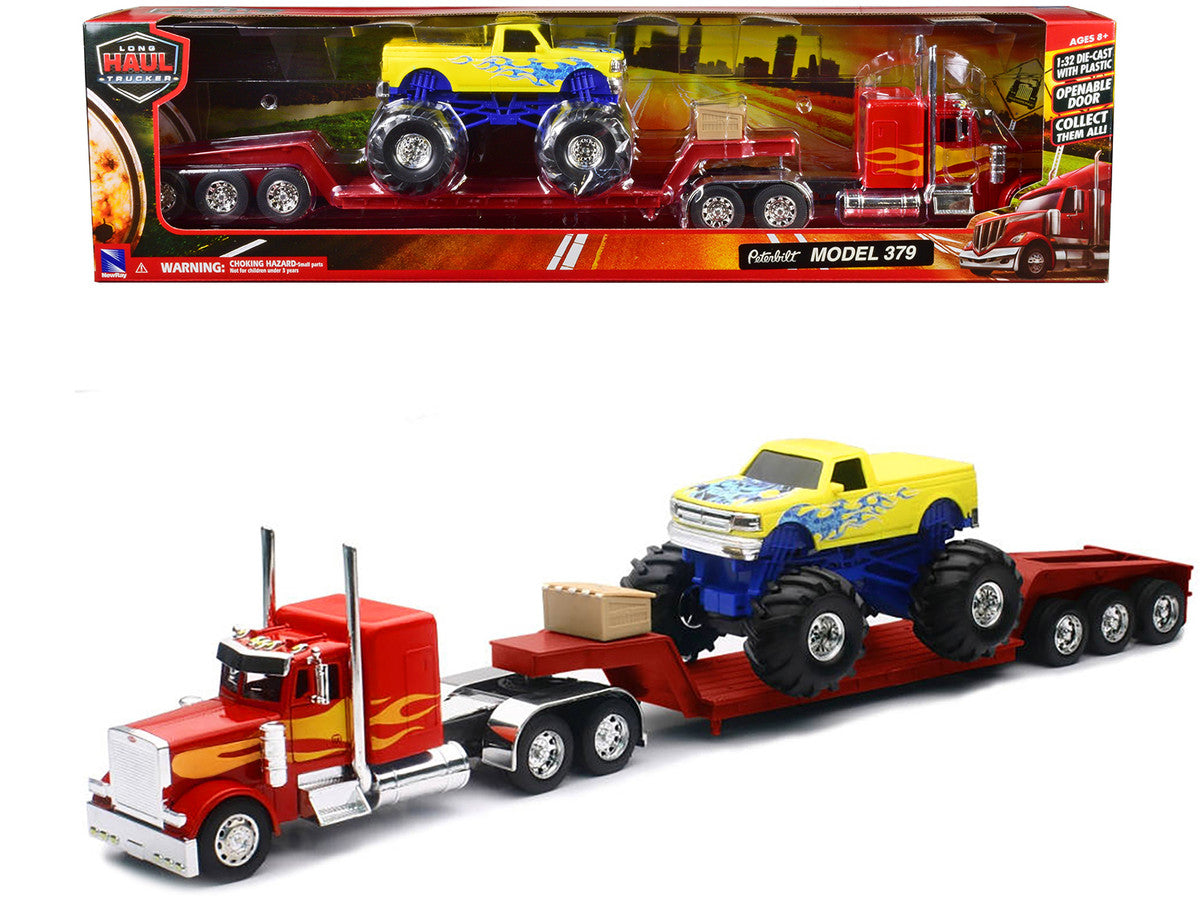 Peterbilt 379 Truck with Lowboy Trailer Red with Orange Flames and Monster Truck Yellow with Blue Flames "Long Haul Truckers" Series 1/32 Diecast Model by New Ray LuxuryLifeWay Online Store