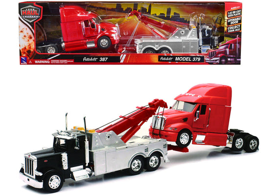 Peterbilt 379 Tow Truck Black with Peterbilt 387 Truck Tractor Red Set of 2 pieces 1/32 Diecast Model by New Ray LuxuryLifeWay Online Store
