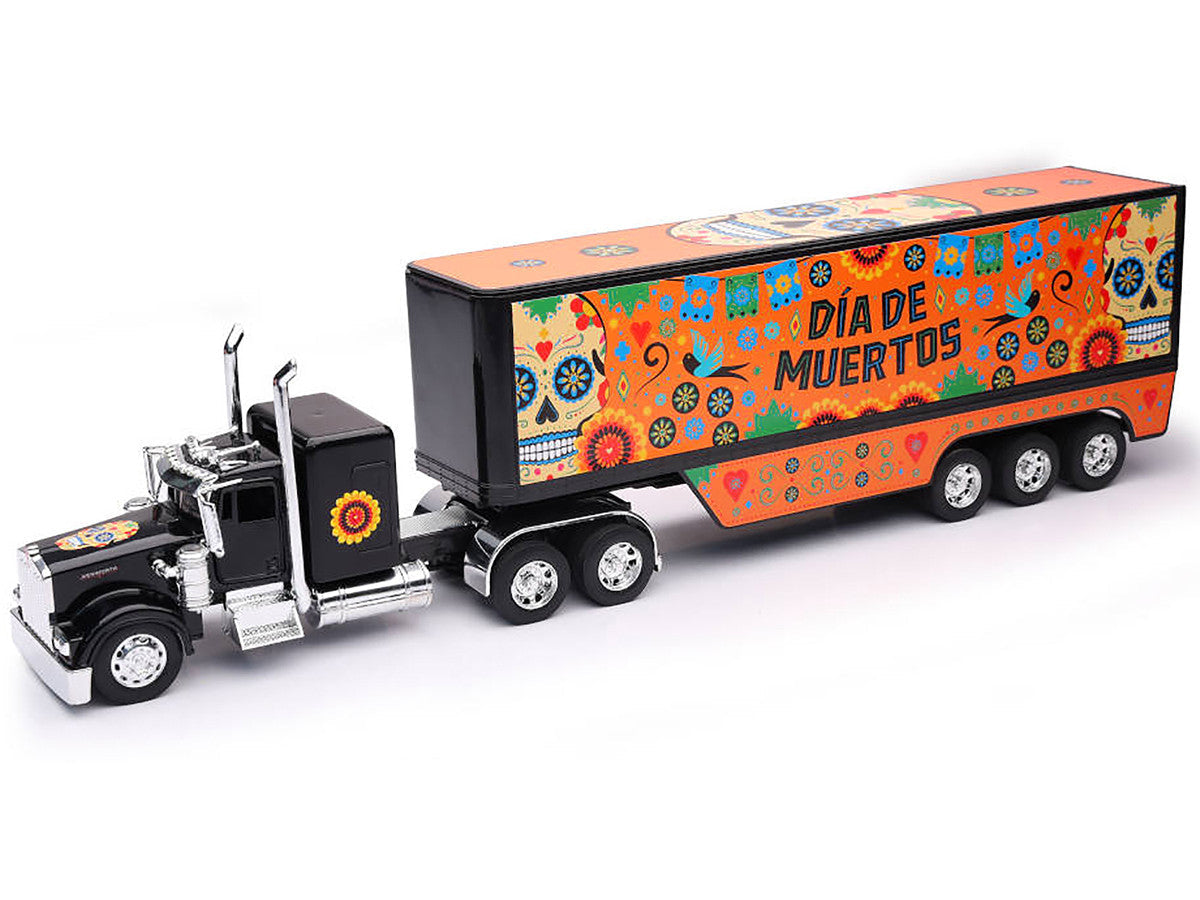 Kenworth W900 Truck Black with Graphics and Dry Van Trailer "Dia De Muertos" 1/32 Diecast Model by New Ray LuxuryLifeWay Online Store