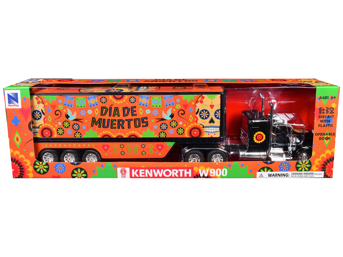 Kenworth W900 Truck Black with Graphics and Dry Van Trailer "Dia De Muertos" 1/32 Diecast Model by New Ray LuxuryLifeWay Online Store